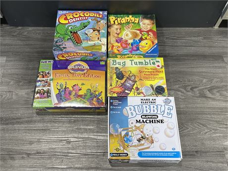 5 BOARD GAMES / PUZZLES / OTHER - (CRANIUM & BUG PUZZLE ARE NEW)