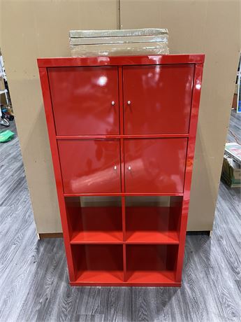 RED IKEA SHELVING UNIT W/EXTRA DOORS (15.5”x30”x58”)