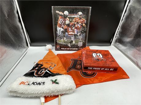 BC LIONS XMAS HAT, SIGNED PICTURE, BOX, FLAGS (11”X14”)