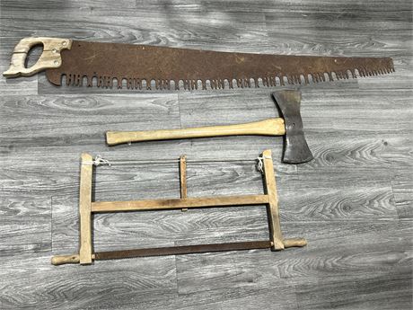 ANTIQUE 5FT SAW, DOUBLE SIDED AXE & HAND SAW