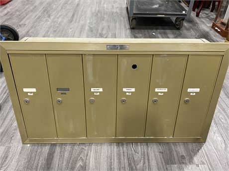 VINTAGE APARTMENT MAIL BOXES - 6 DOORS #105-203 WITH 6/6 KEYS (35” wide)