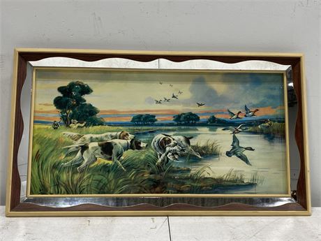 VINTAGE DUCK HUNTING SCENE PICTURE W/WOOD & MIRRORED FRAME (31”X17”)