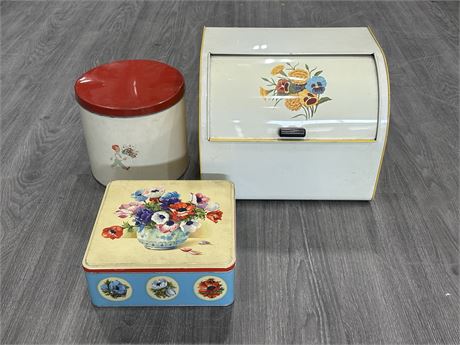 3 VINTAGE TIN CONTAINERS (LARGEST IS 13.5”X11”)