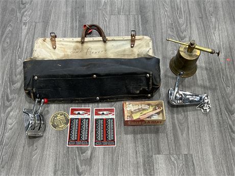 VINTAGE LOT - BLOWTORCH, TOOL BAG, CAN OPENERS, ETC