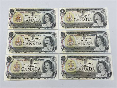 6 X $1.00 CANADA 1973 MINT BILLS