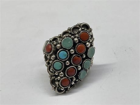 MCM NAVAJO TURQUOISE / CORAL 925 STERLING SILVER RING SIZE 8.5