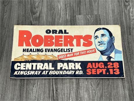 VINTAGE ORAL ROBERTS HEALING EVANGELIST CARD BOARD AD - 30”x16”