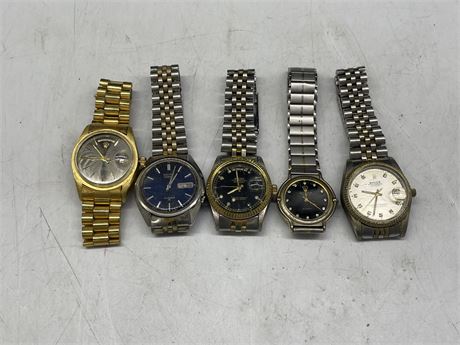 LOT OF 5 KNOCK OFF ROLEX WATCHES (NEED BATTERIES)