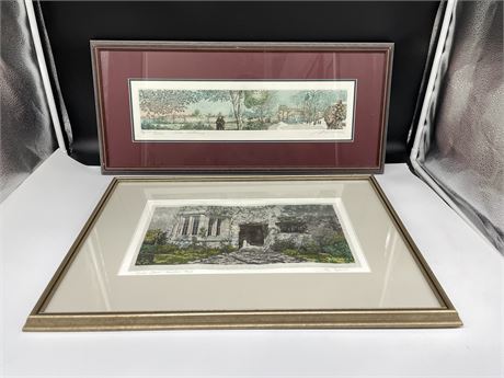 2 HAND COLOURED ETCHINGS (BURGUNDY 11”x25” - OTHER 15”x25”)