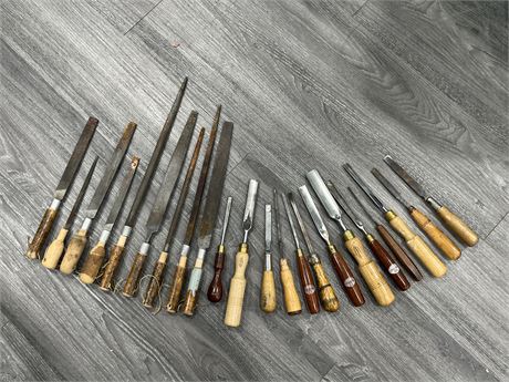 20+ EARLY HAND CHISELS / FILES - LONGEST IS 17”