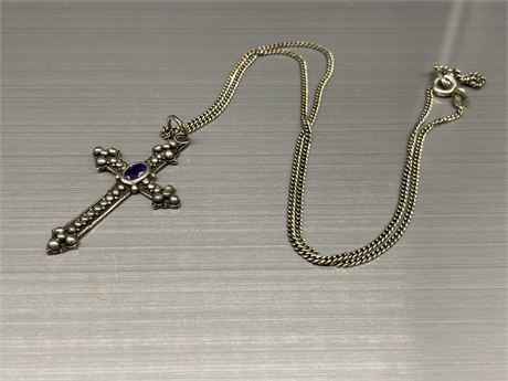 STERLING SILVER W/RED STONE CROSS NECKLACE