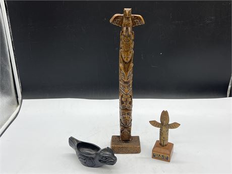 2 INDIGENOUS TOTEMS & BOWL (Tallest totem is 16”)