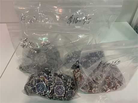 4 BAGS OF POKER CHIPS ($1,$5, $10,$100)
