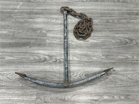 LARGE ALUMINUM BOAT ANCHOR WITH HEAVY THICK CHAIN - ANCHOR IS 32” LONG