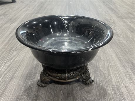 HEAVY BRASS & SOLID MARBLE DECORATIVE LARGE BOWL - 9” TALL 14” DIAM