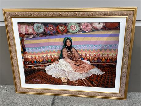 ORIGINAL OIL ON CANVAS PAINTING - PERSIAN GIRL SELLING CARPETS (50”x38”)