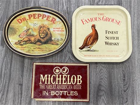 2 VINTAGE ADVERTISING TRAYS (12.5”X12.5”) + GLASS SIGN