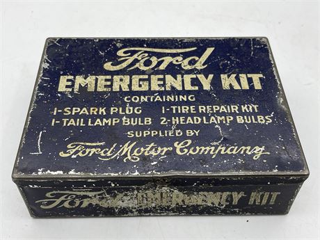 ANTIQUE FORD EMERGENCY KIT - RARE METAL BOX FOR MODEL T, BULBS INSIDE (5” WIDE)