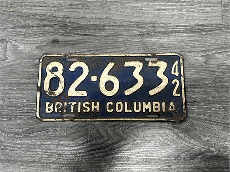 1942 BRITISH COLUMBIA LICENSE PLATE