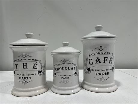 3PC THE CHOCOLATE CAFE CANISTER SET - LARGEST PIECE 11”