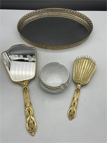 HEREND DRESSER JAR, HEAVY GILT HAND MIRROR & BRUSH ON GILT TRAY (10”X14”)