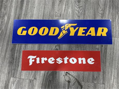 METAL GOODYEAR & FIRESTONE SIGNS (Goodyear is 31”x8”)