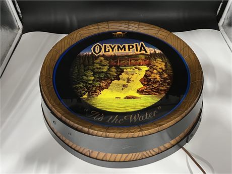 VINTAGE LIGHT UP OLYMPIA SIGN - LIGHTS UP, MOTION LIGHT DOES NOT WORK (19” wide)