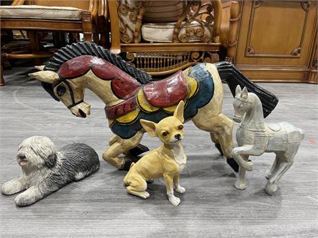 4 MISC HORSE & DOG FIGURES INCL: WOOD, RESIN, & COMPOSITE LARGEST 25”x13”