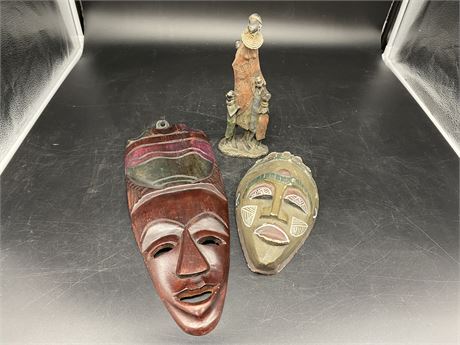 2 AFRICAN MASK CARVINGS & AFRICAN MOTHER CARVING