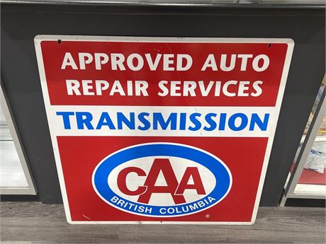 VINTAGE METAL DOUBLE SIDED CAA BC TRANSMISSION REPAIR SIGN - 3FT x 3FT