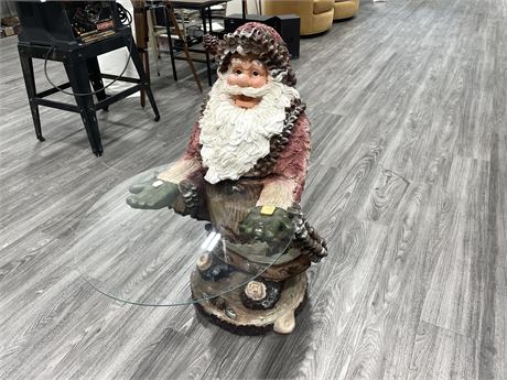 LARGE PLASTER SANTA HOLDING GLASS TRAY - WOODSY LOOKING 3FT TALL