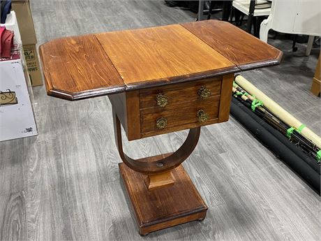 VINTAGE DOUBLE SIDED DROP LEAF TABLE WITH DRAWERS - 21” X 16” X 30”