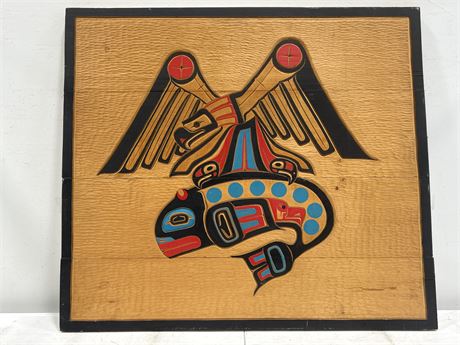 BRUCE ALFRED HAND CARVED INDIGENOUS PANEL - 36” X 32”