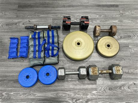 LOT OF MISC WEIGHTS, DUMBBELLS, RUNNING / WALKING WEIGHTS