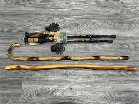 HAND CARVED/SIGNED CANES (36”) & WOODS ANTI-SHOCK NEW TREKKING POLES