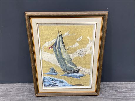 FRAMED BLUENOSE LILIAN SUENSSON 1989 PAINTED SHIP ON MAP (15.5”x20”)