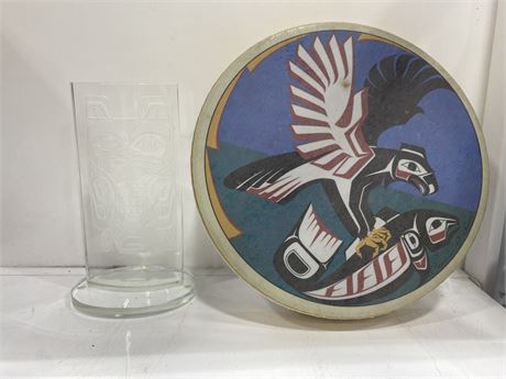 CRYSTAL ETCHED “HAIDA EAGLE” BY CLARENCE MILLS & CELEBRATION DRUM