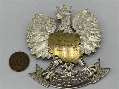 POLAND HERALDIC MEDAL PIN & 1938 POLISH COIN