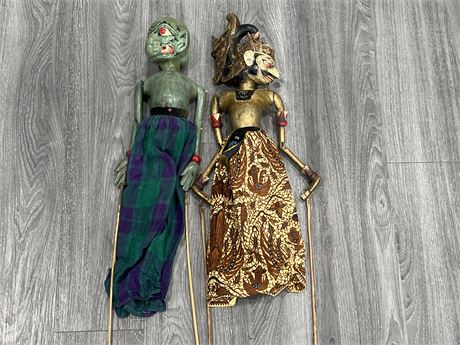 2 VINTAGE WAYANG HAND CARVED / PAINTED PUPPETS - 25” LONG