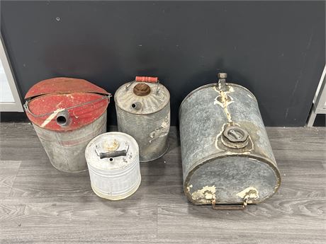 4 VINTAGE GALVANIZED GAS CANS - LARGEST IS 15”x11”