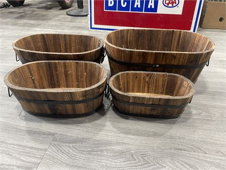 4 NEW WOODEN NESTING PLANTERS (LARGEST 19”x12”x8”)
