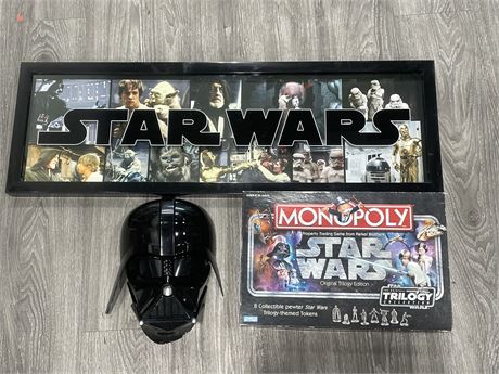 LOT OF STAR WARS COLLECTABLES INCL: MONOPOLY, FRAMED PICTURE (36”x12”), ETC