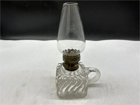 ANTIQUE OIL TABLE LAMP W/FINGER LOOP & GRIFFIN FUNNEL - 8.5”