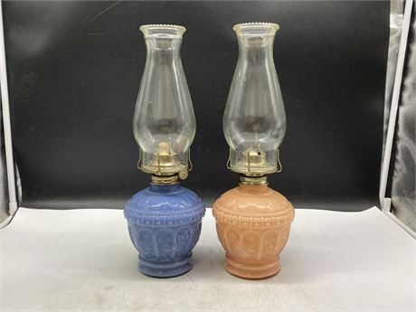 2 VINTAGE PARAFFIN OIL LAMPS - 15” TALL