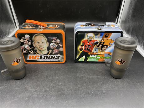 2 BC LIONS LUNCH BOXES & 2 THERMOS CUPS