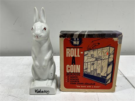 2 VINTAGE COIN BANKS - RABBIT & ROLL A COIN