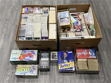 2 LARGE BOXES OF SPORTS CARDS - ROOKIES, INSERTS & BASE CARDS ETC.