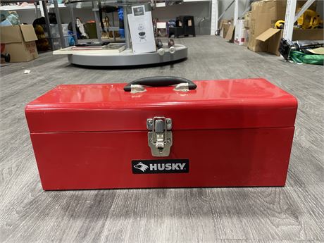 RED TOOL BOX WITH VARIOUS TOOLS INSIDE