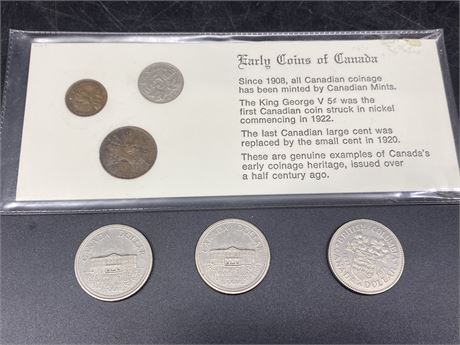 3 CANADIAN SILVER DOLLARS, 1932 NICKEL, & 1929/1919 PENNY (Not real silver)