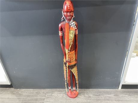 LARGE CARVED AFRICAN WARRIOR WITH SPEAR 37”